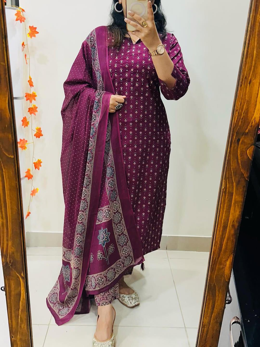 Women's Maroon Pure Cotton Kurti Pant & Dupatta Set