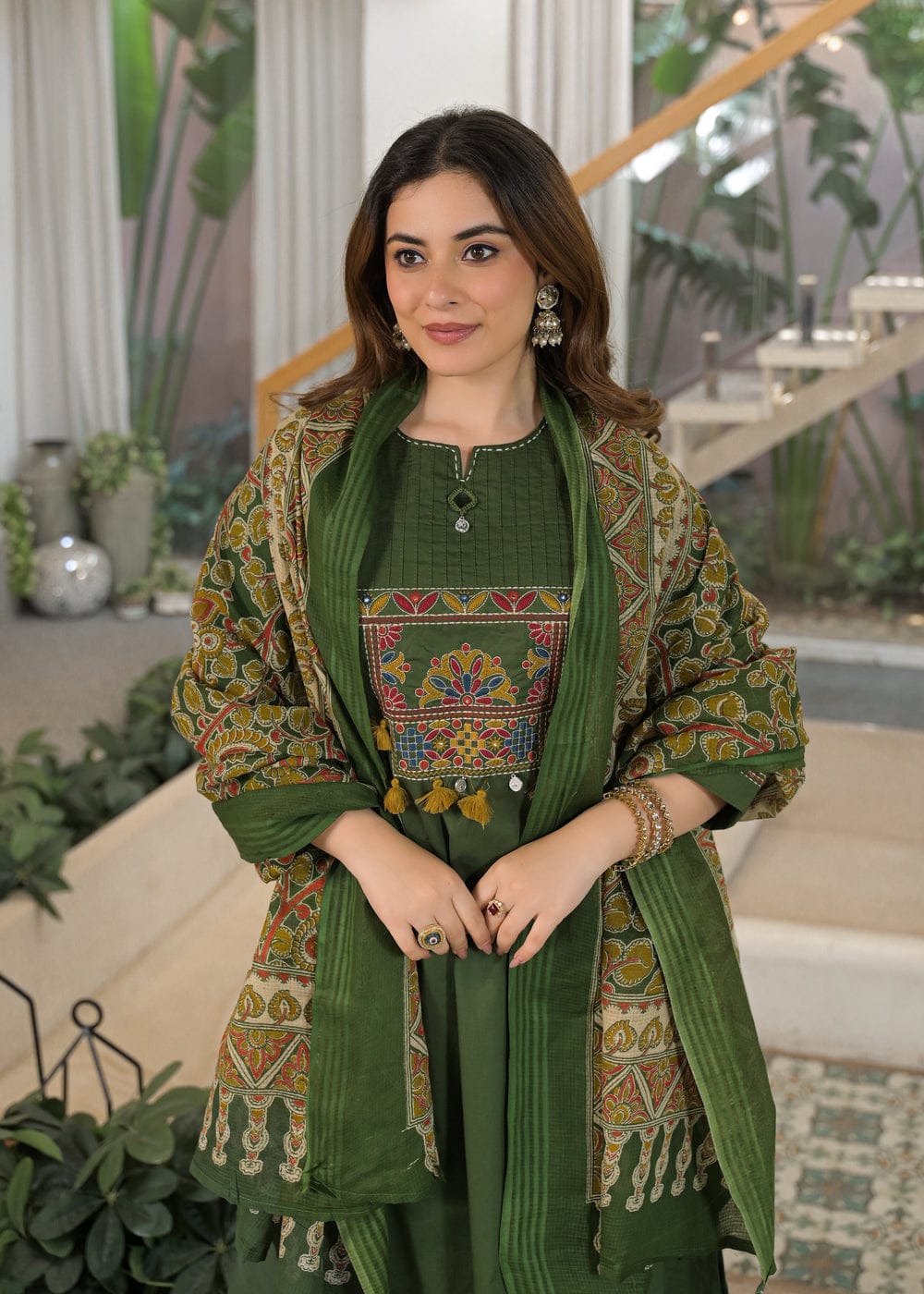Olive Green Embroidered Anarkali Kurta Pant Set with Printed Dupatta