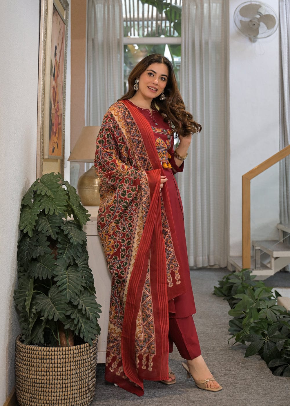 Maroon Embroidered Kurta Pant Set with Printed Dupatta
