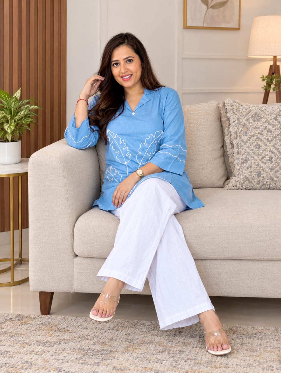 Neel Sky Blue Leaf Detail Kurta & White Palazzo Set