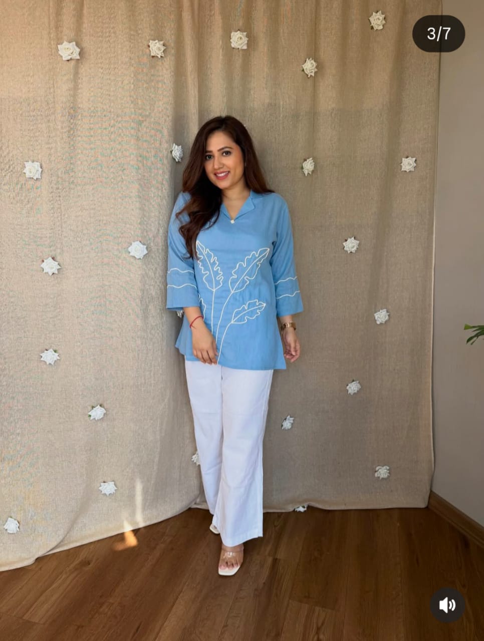Neel Sky Blue Leaf Detail Kurta & White Palazzo Set