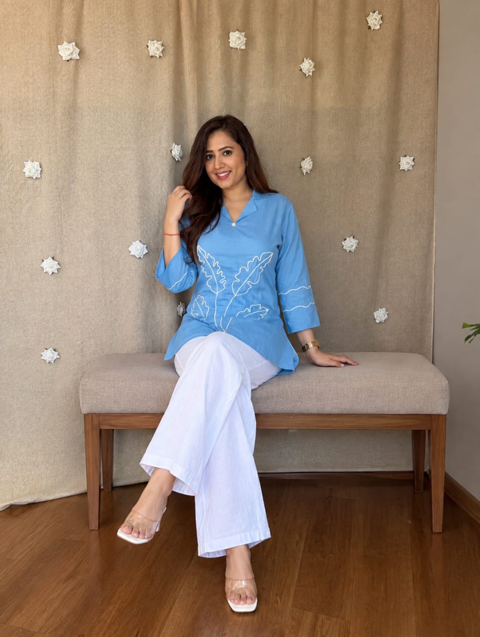 Neel Sky Blue Leaf Detail Kurta & White Palazzo Set