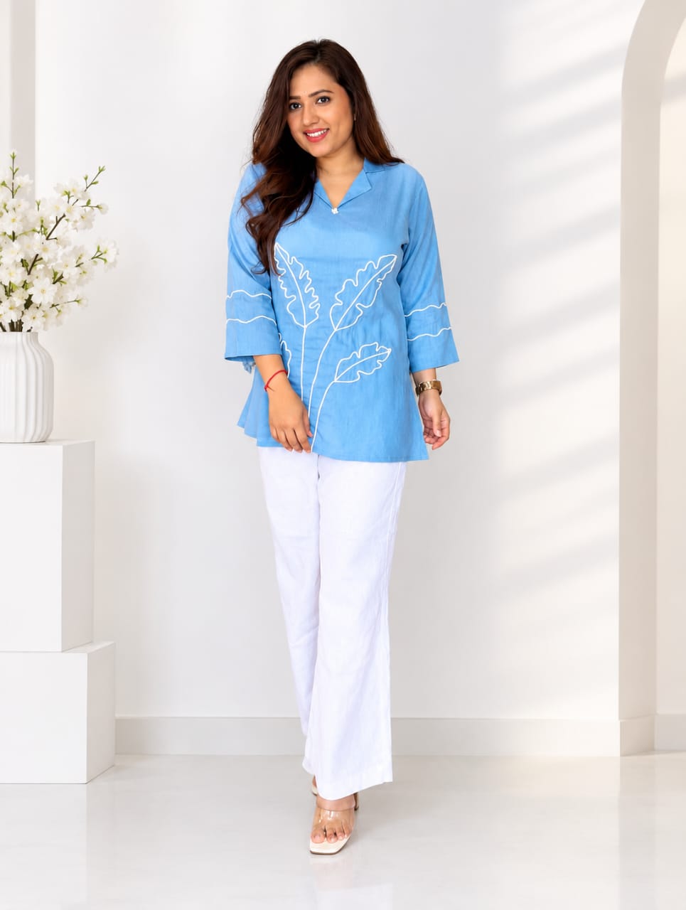 Neel Sky Blue Leaf Detail Kurta & White Palazzo Set