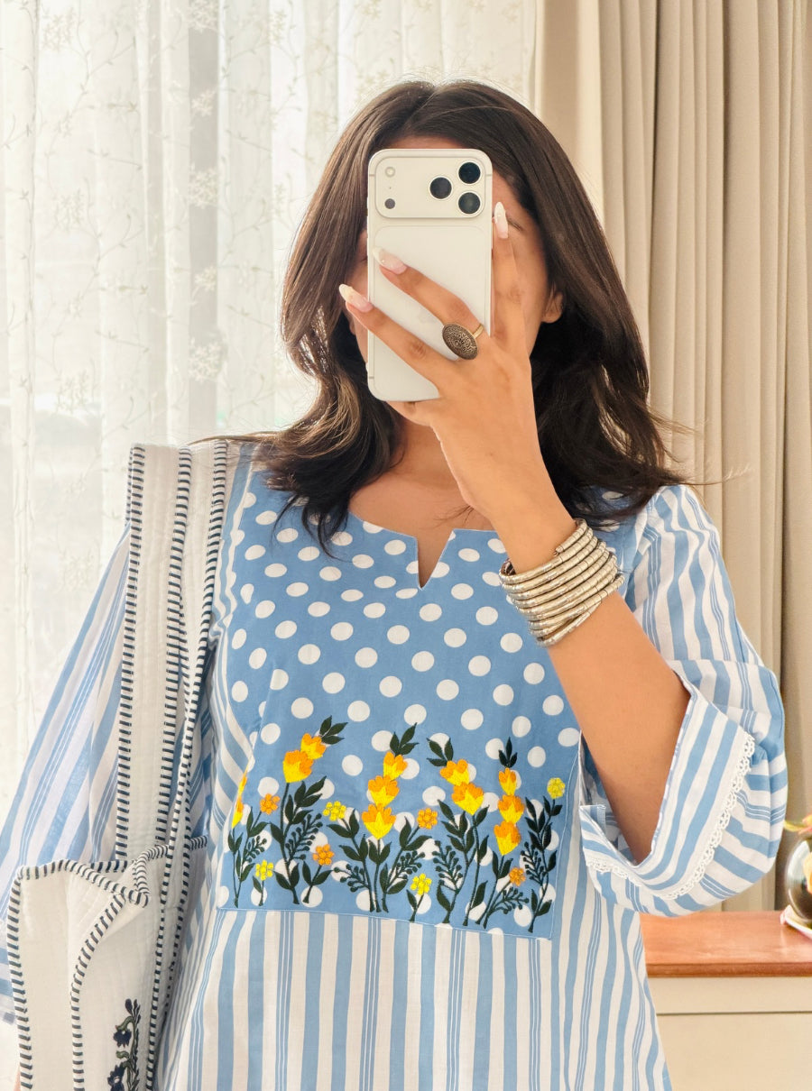 Aarohi Sky Blue Striped Floral Kurta & Salwar Set with Dupatta