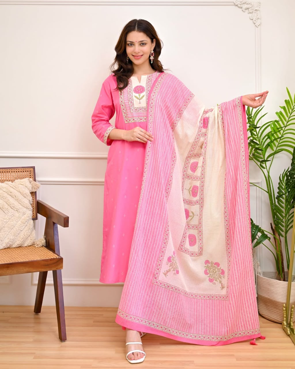 Gulnaar Pink Floral Yoke Kurta Set with Printed Dupatta