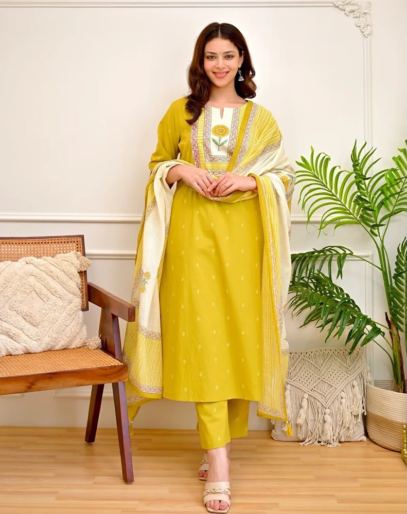 Gulnaar Mustard Yellow Floral Yoke Kurta & Pant Set with Printed Dupatta