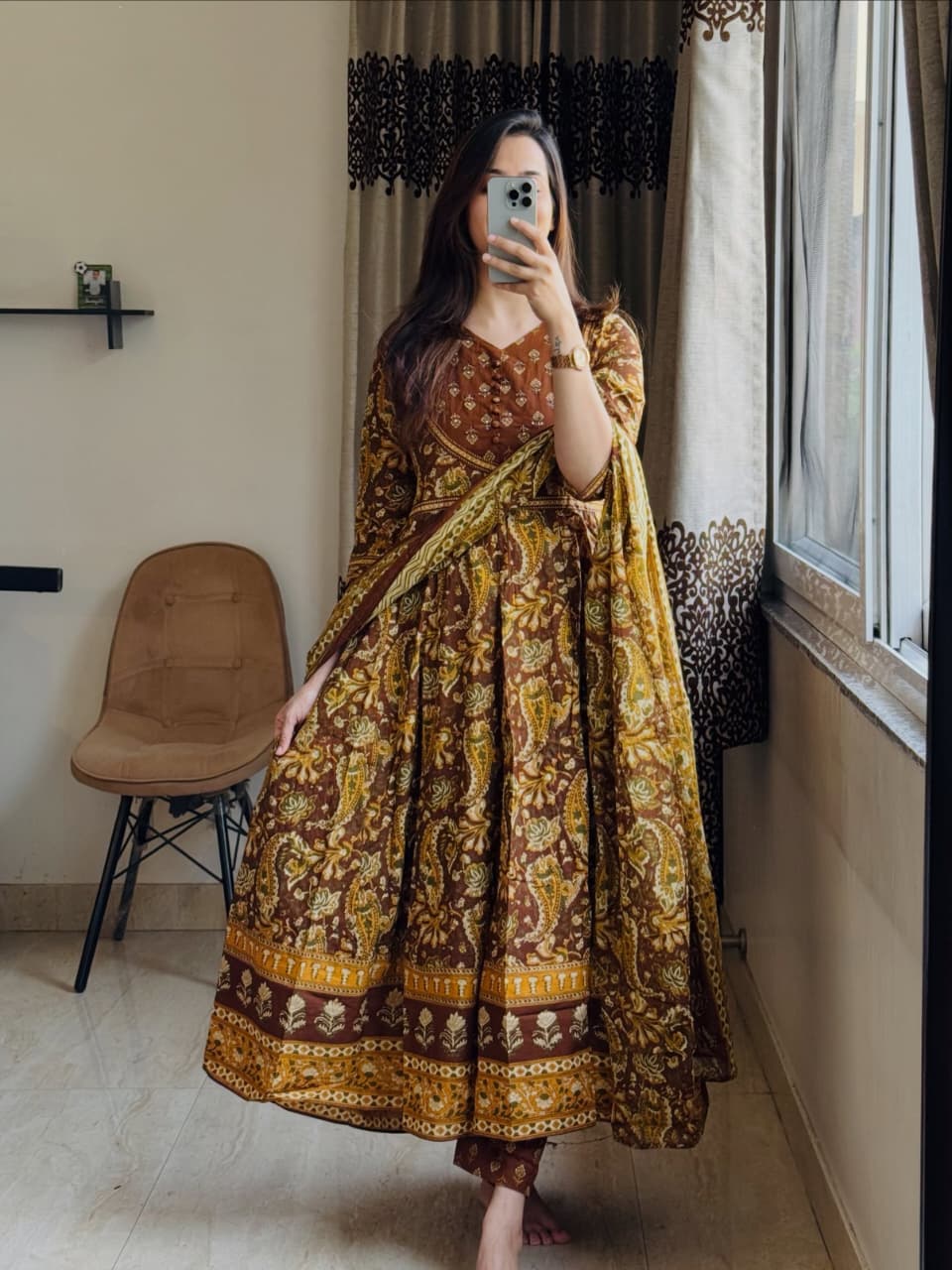 Kashish Rust Brown Paisley Print Anarkali Suit Set with Dupatta