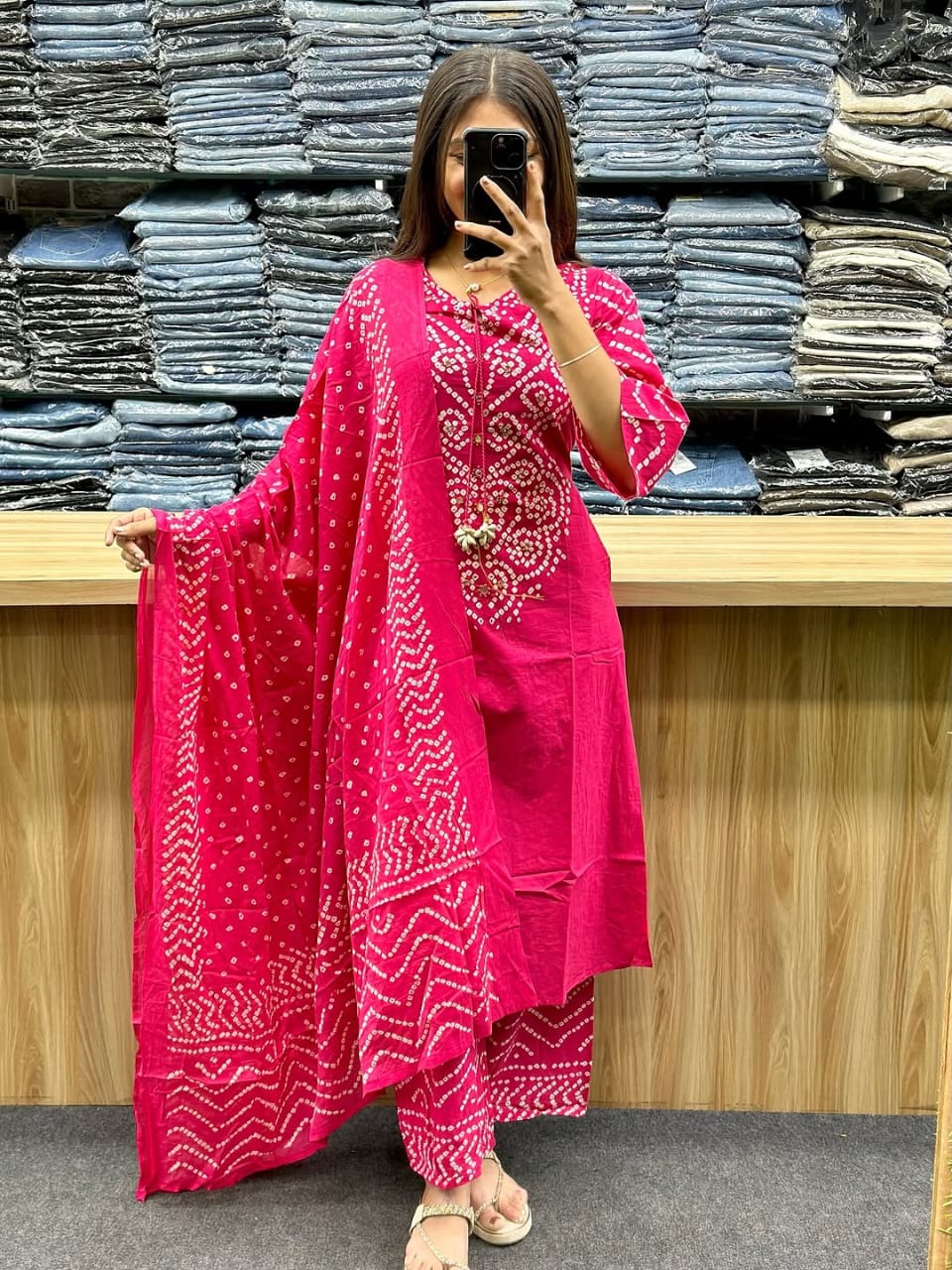 Bandhni Print Applique Codi Work Cotton Suit