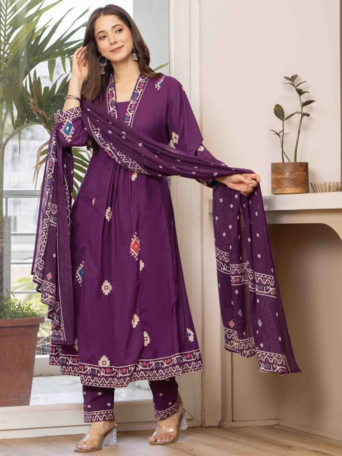 Wine Purple Printed Anarkali Kurta Set with Dupatta