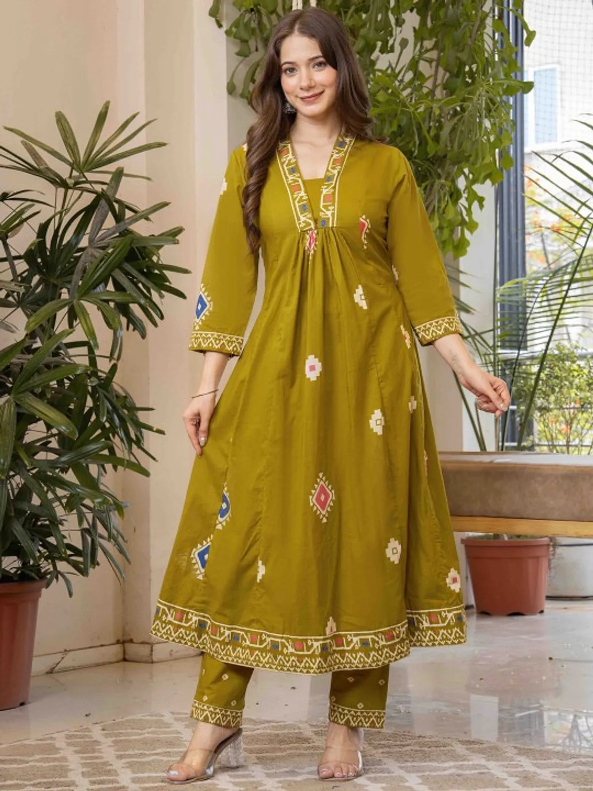 Olive Green Printed Anarkali Kurta Set with Dupatta