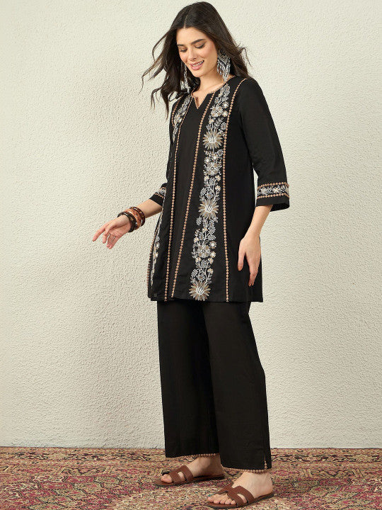 Black Embroidered Kurta Palazzo Set