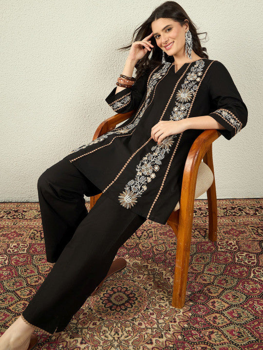Black Embroidered Kurta Palazzo Set