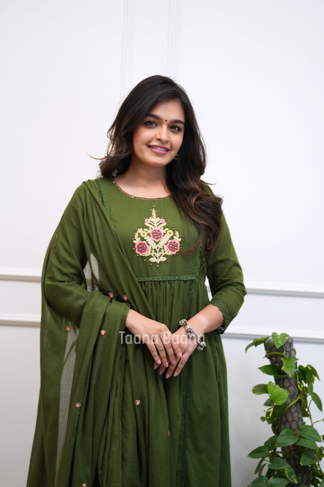 Olive Green Floral Embroidered Anarkali Kurta Set with Dupatta