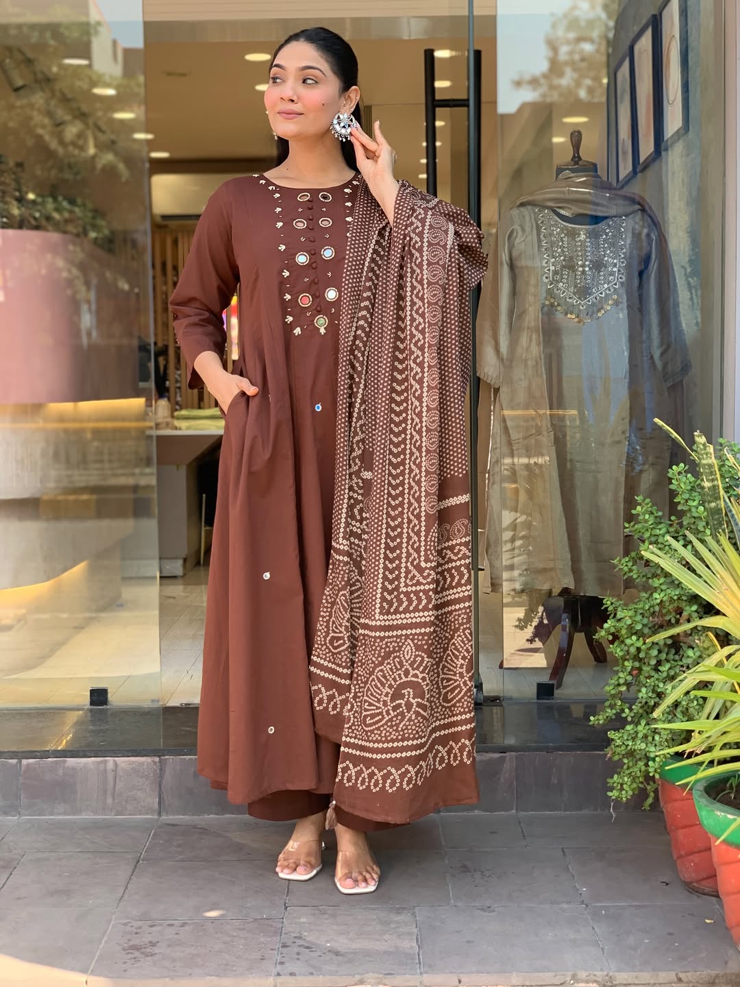 Chocolate Brown Mirror Work Anarkali Kurta Set with Bandhani Dupatta