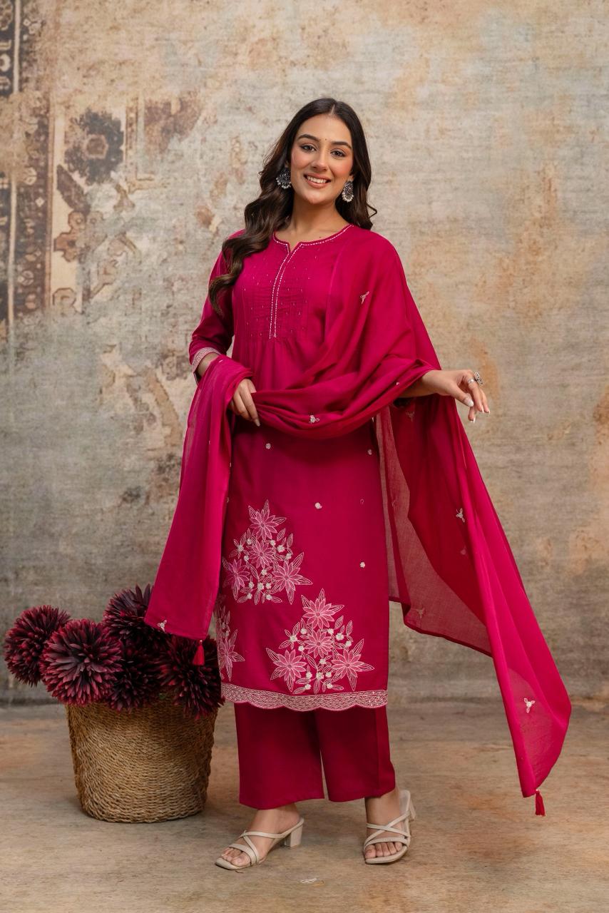 Gulnaar Rani Pink Floral Embroidered Kurta Set with Dupatta