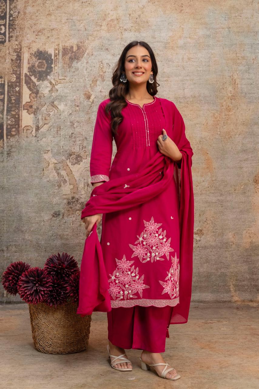 Gulnaar Rani Pink Floral Embroidered Kurta Set with Dupatta