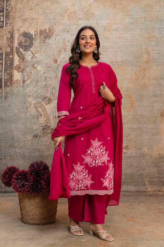 Gulnaar Rani Pink Floral Embroidered Kurta Set with Dupatta