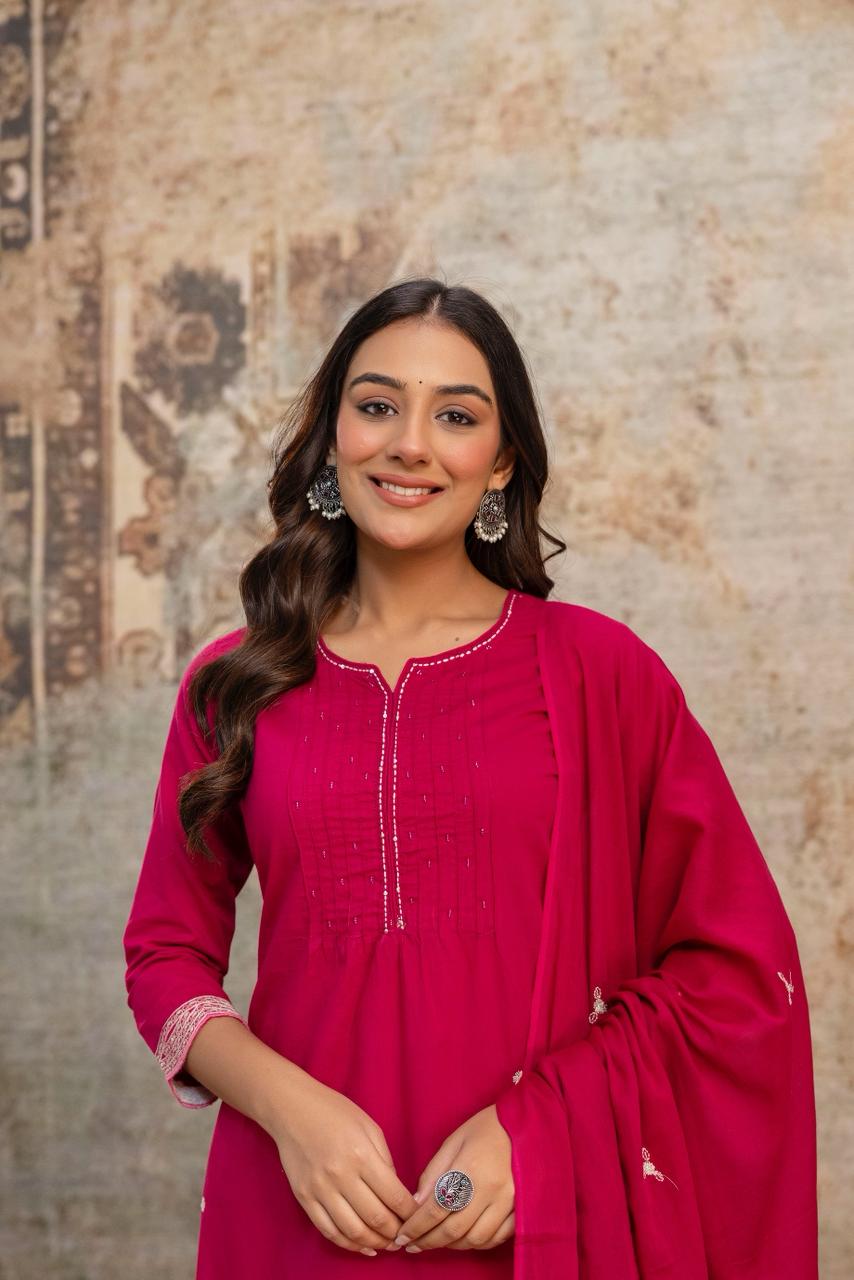 Gulnaar Rani Pink Floral Embroidered Kurta Set with Dupatta