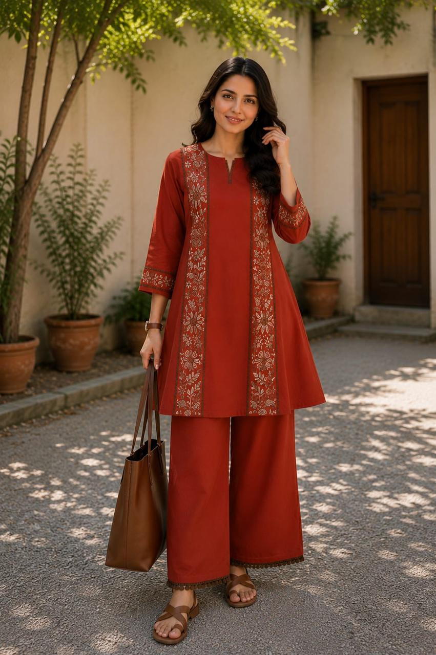 Rust Red Embroidered Kurta Palazzo Set