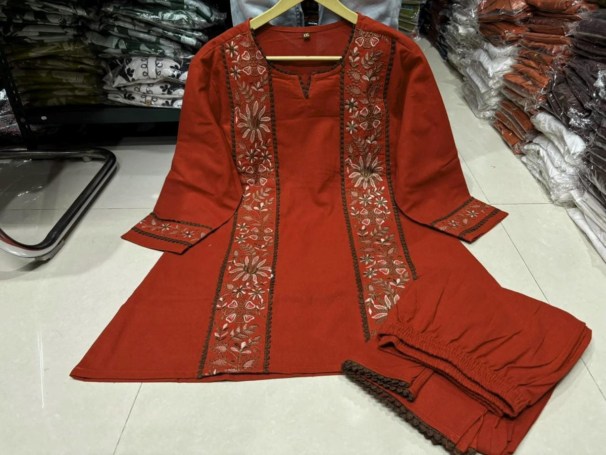 Rust Red Embroidered Kurta Palazzo Set