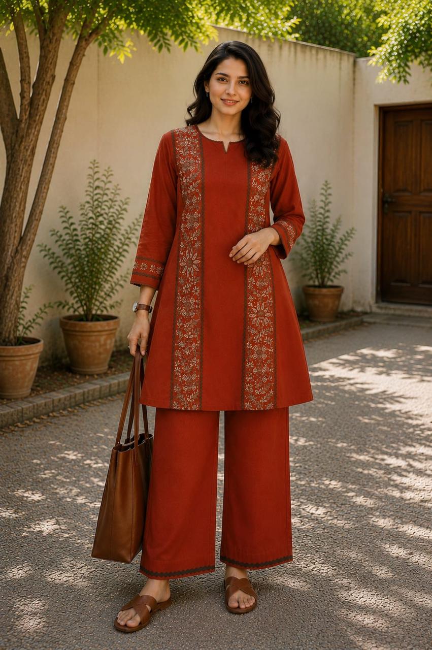 Rust Red Embroidered Kurta Palazzo Set