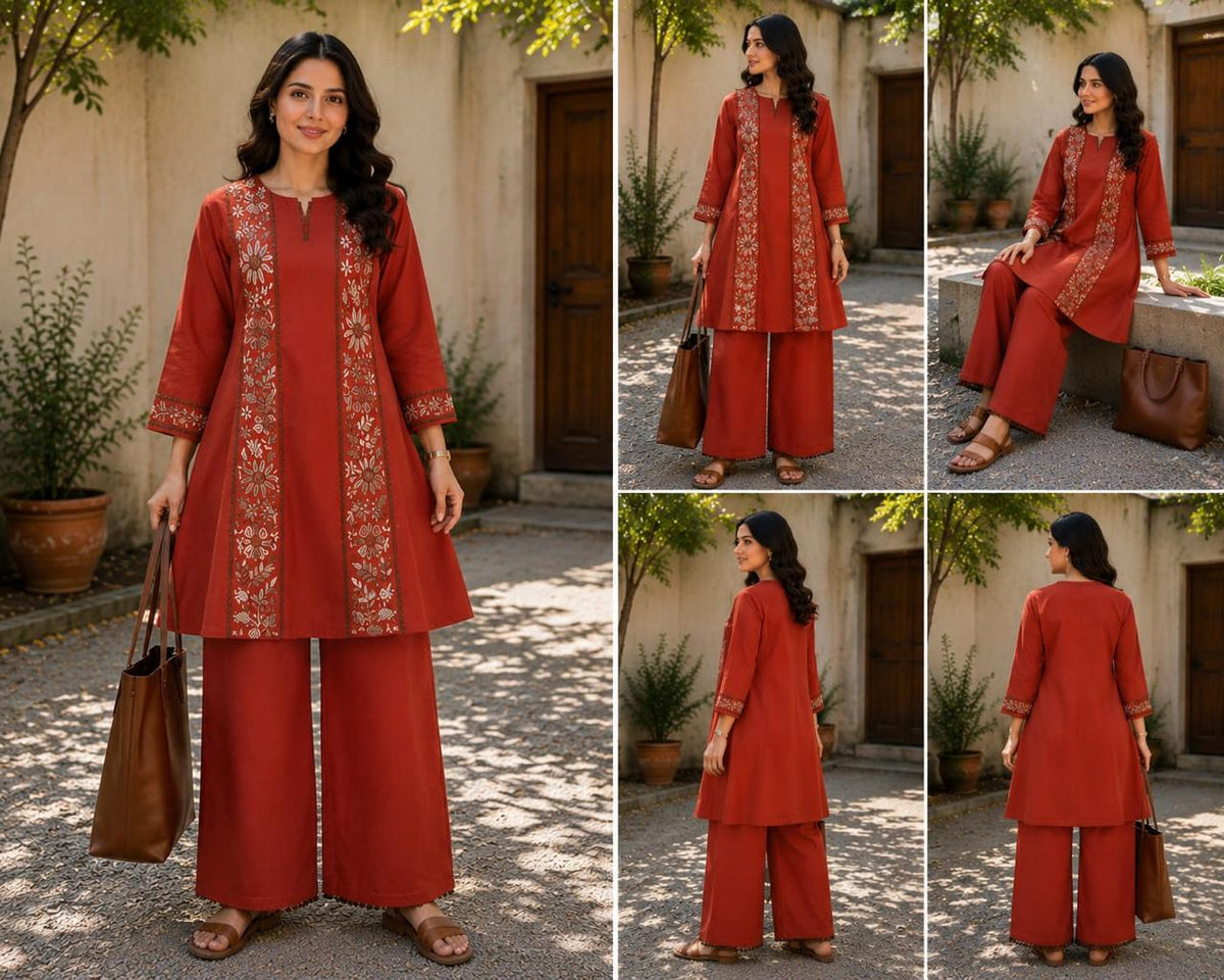 Rust Red Embroidered Kurta Palazzo Set