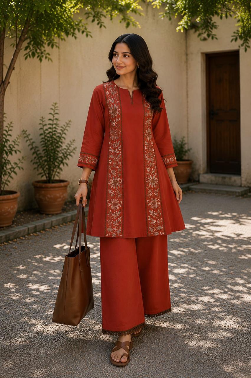 Rust Red Embroidered Kurta Palazzo Set
