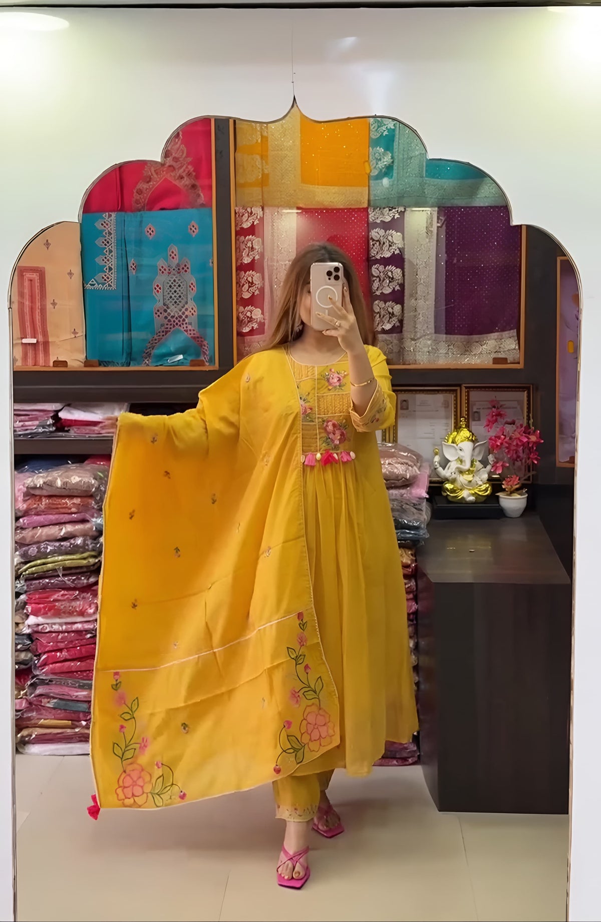Mustard Yellow Floral Embroidered Anarkali Kurta Set with Pants