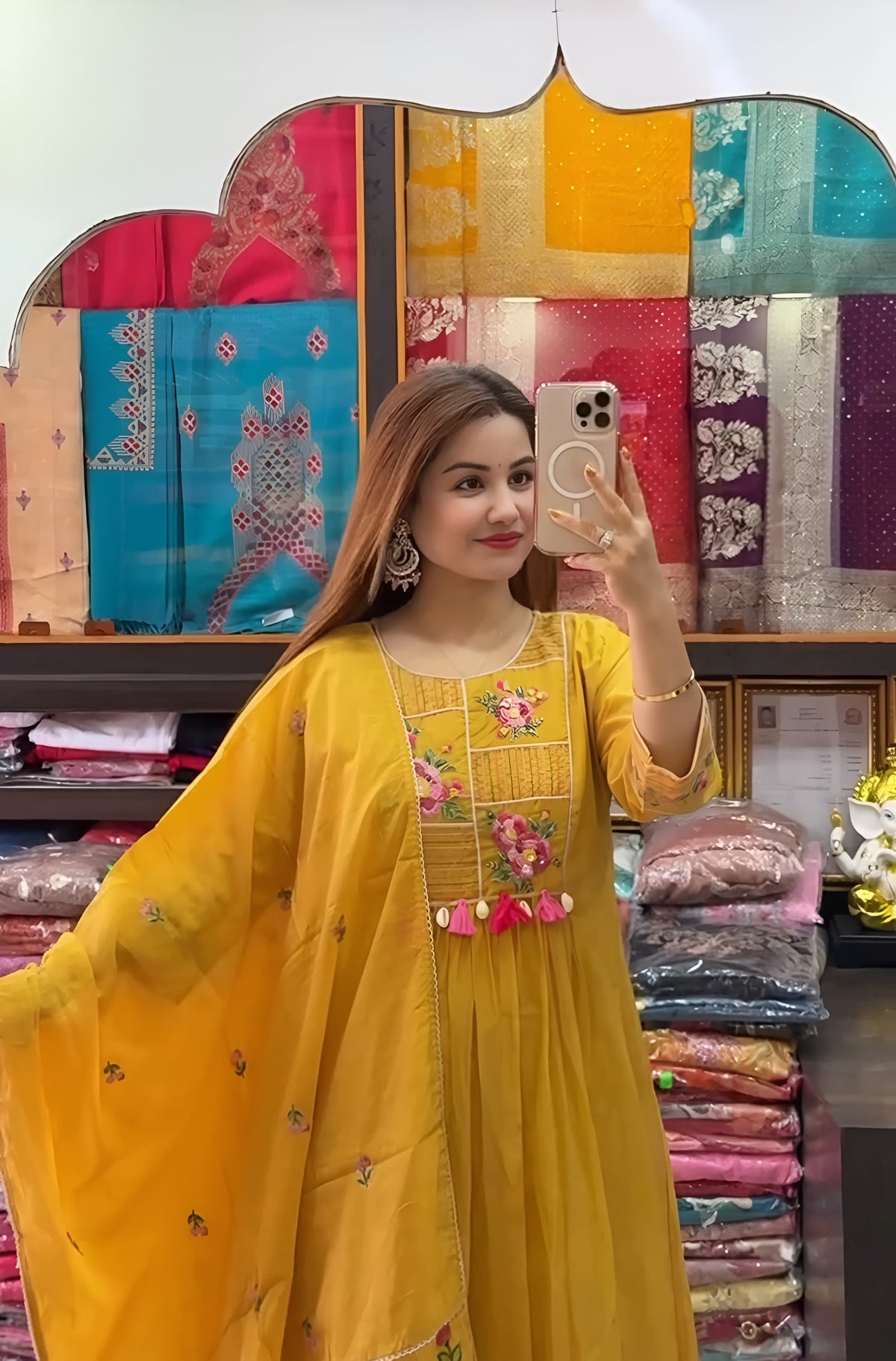 Mustard Yellow Floral Embroidered Anarkali Kurta Set with Pants