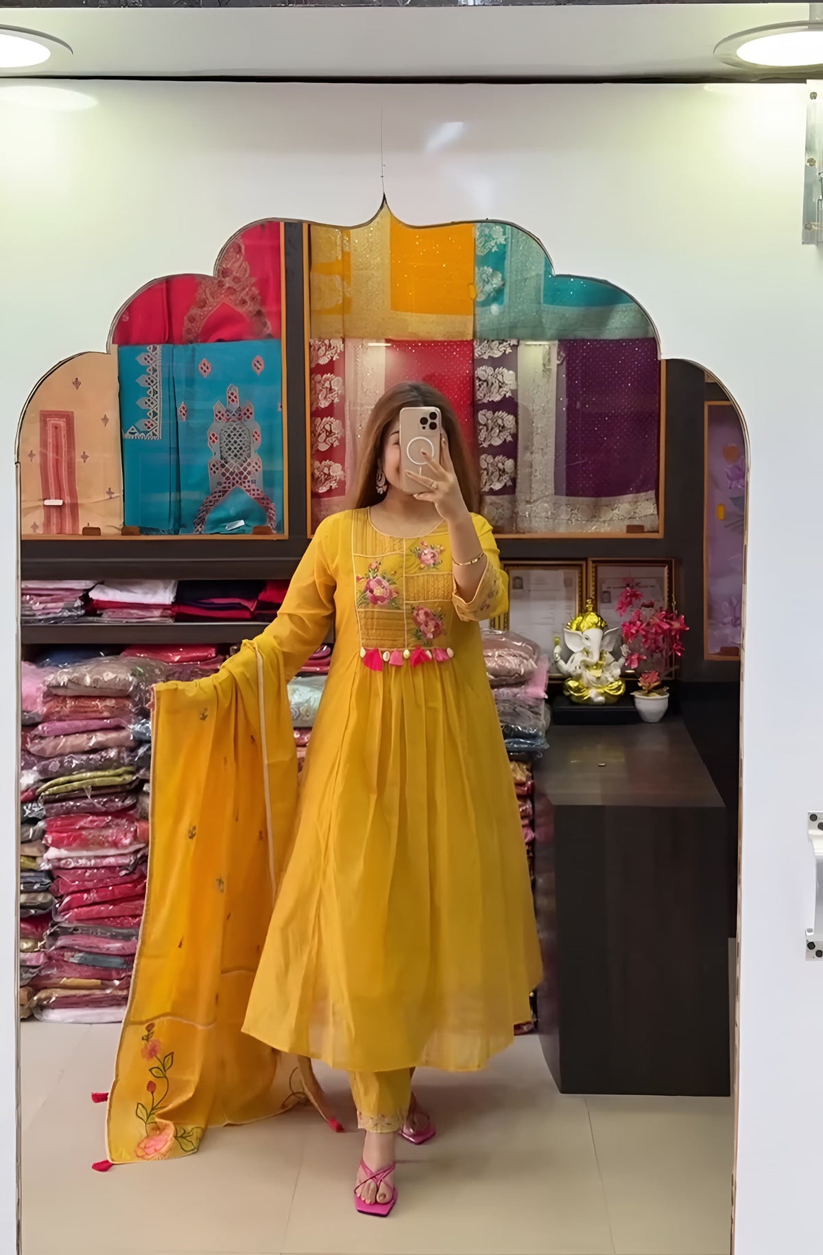 Mustard Yellow Floral Embroidered Anarkali Kurta Set with Pants