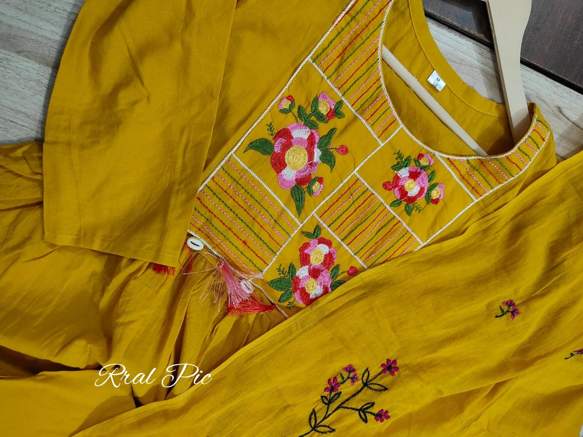 Mustard Yellow Floral Embroidered Anarkali Kurta Set with Pants