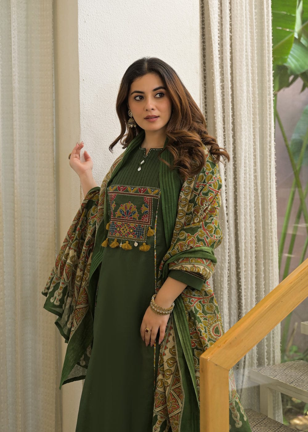 Olive Green Embroidered Anarkali Kurta Pant Set with Printed Dupatta