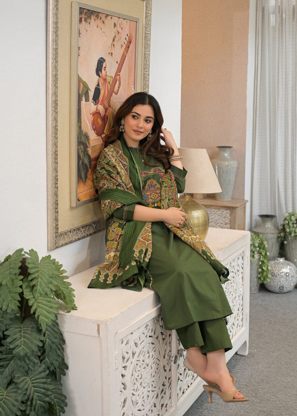 Olive Green Embroidered Anarkali Kurta Pant Set with Printed Dupatta