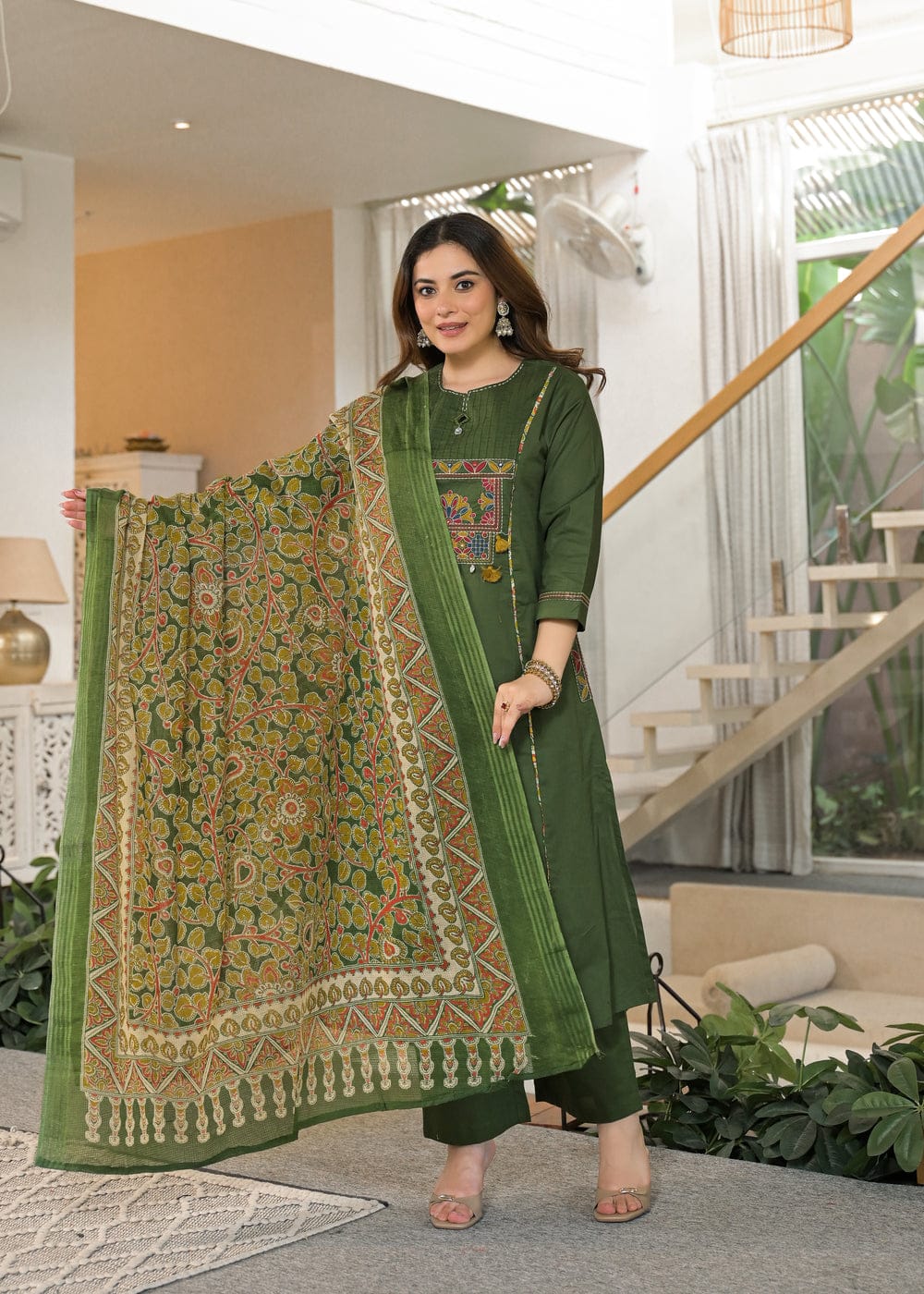 Olive Green Embroidered Anarkali Kurta Pant Set with Printed Dupatta
