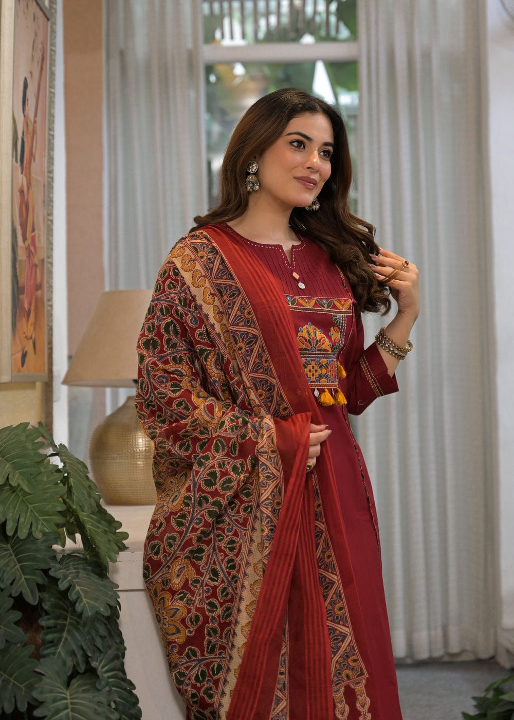 Maroon Embroidered Kurta Pant Set with Printed Dupatta