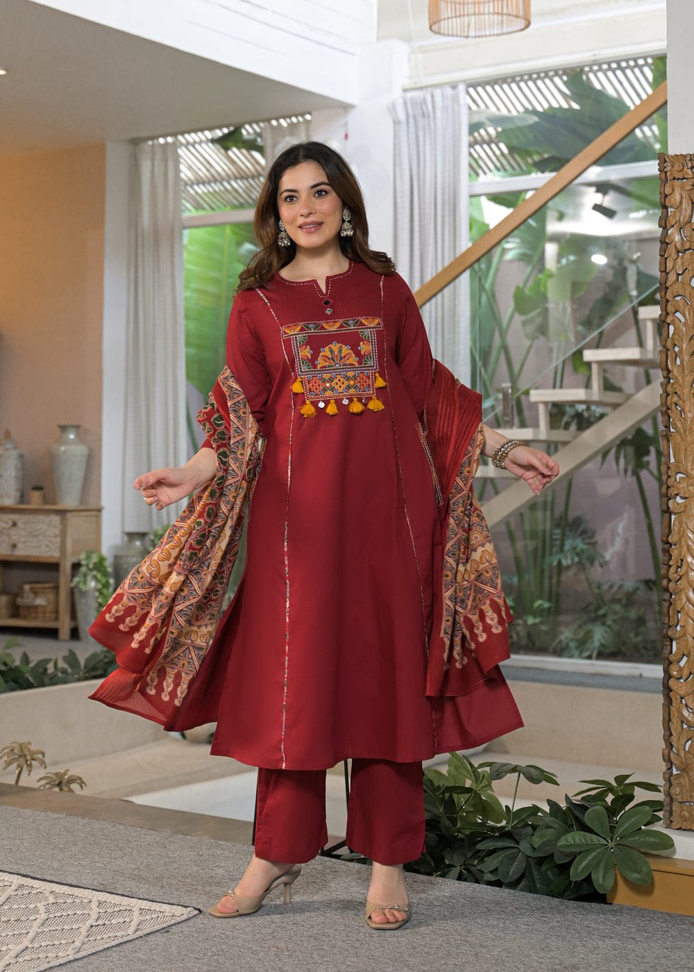 Maroon Embroidered Kurta Pant Set with Printed Dupatta
