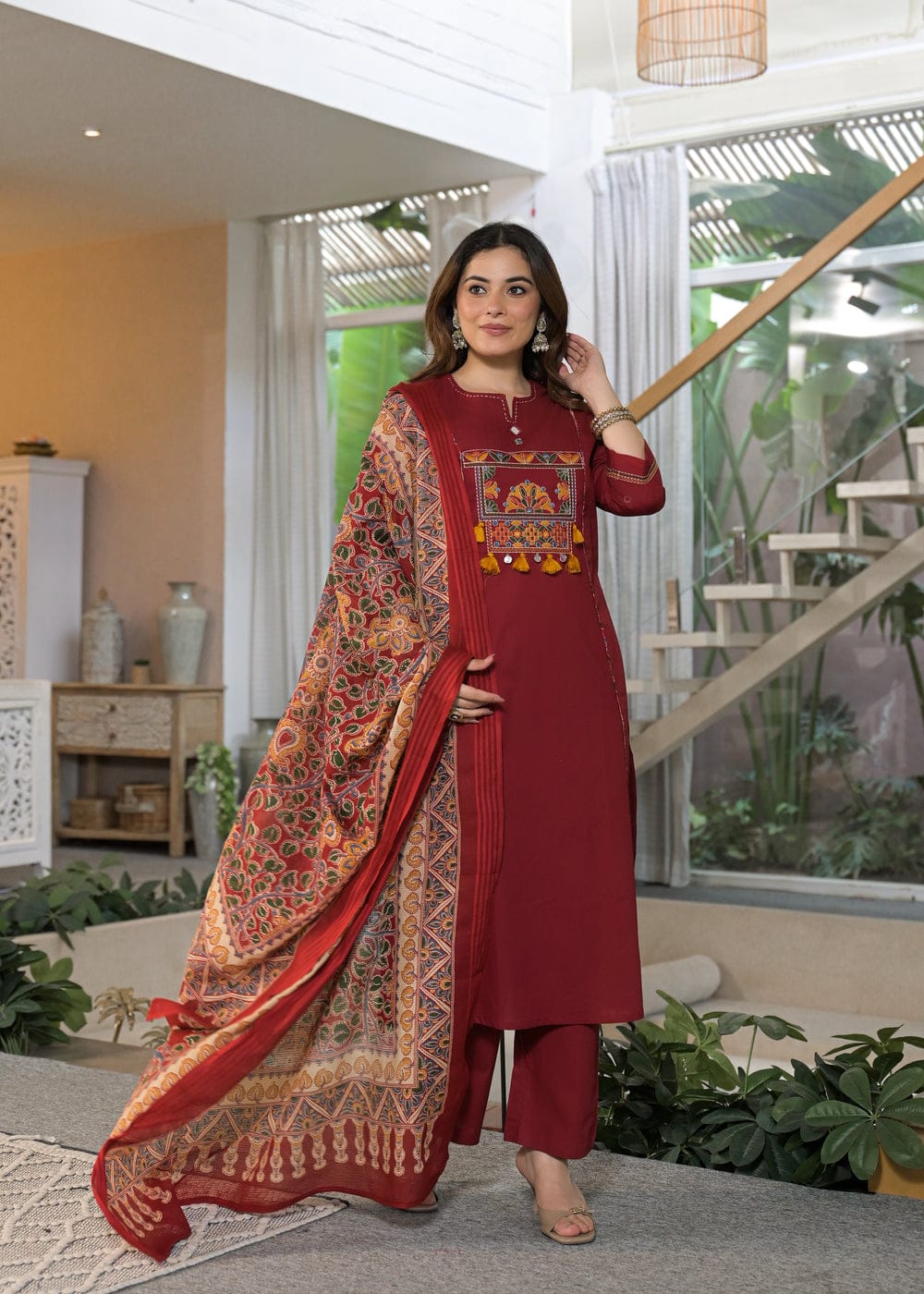 Maroon Embroidered Kurta Pant Set with Printed Dupatta
