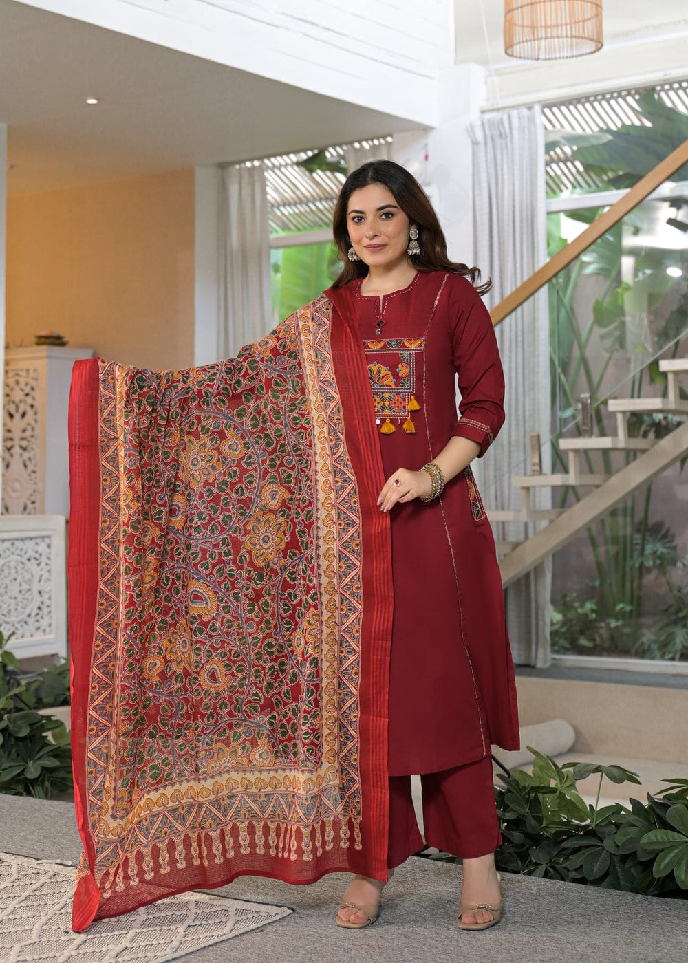 Maroon Embroidered Kurta Pant Set with Printed Dupatta