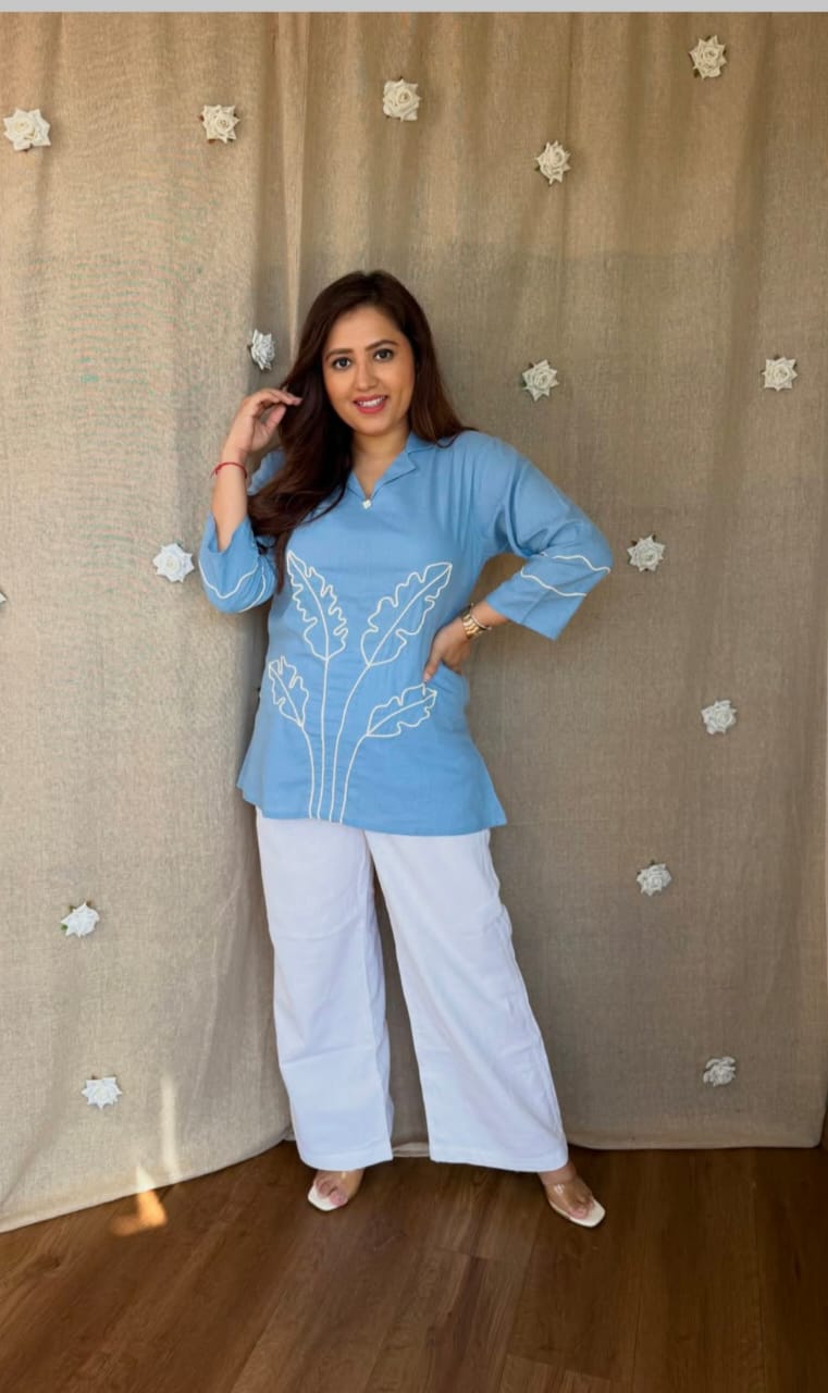 Neel Sky Blue Leaf Detail Kurta & White Palazzo Set