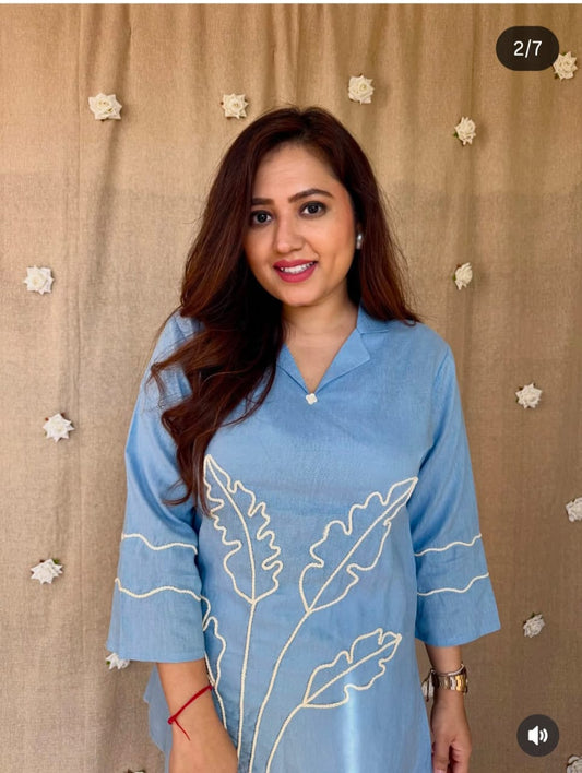 Neel Sky Blue Leaf Detail Kurta & White Palazzo Set