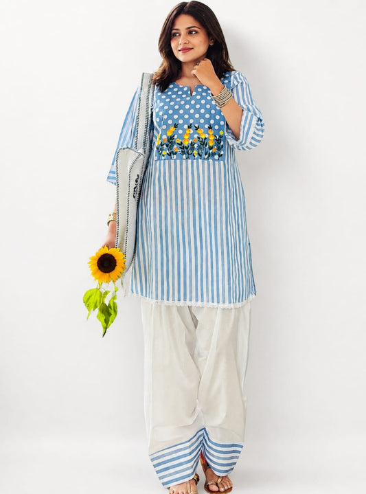 Aarohi Sky Blue Striped Floral Kurta & Salwar Set with Dupatta