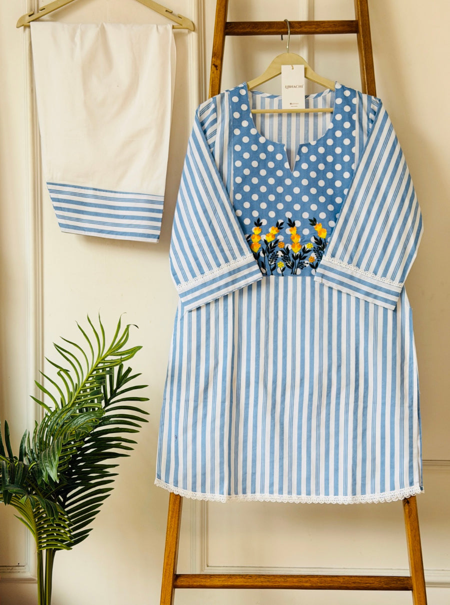 Aarohi Sky Blue Striped Floral Kurta & Salwar Set with Dupatta
