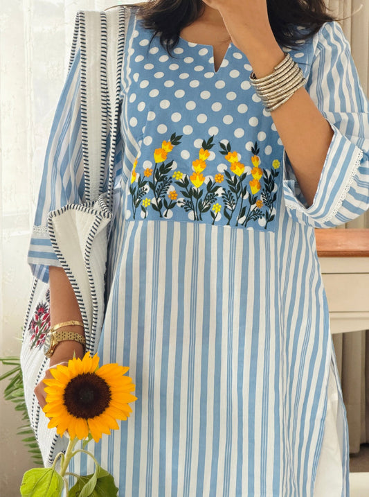 Aarohi Sky Blue Striped Floral Kurta & Salwar Set with Dupatta