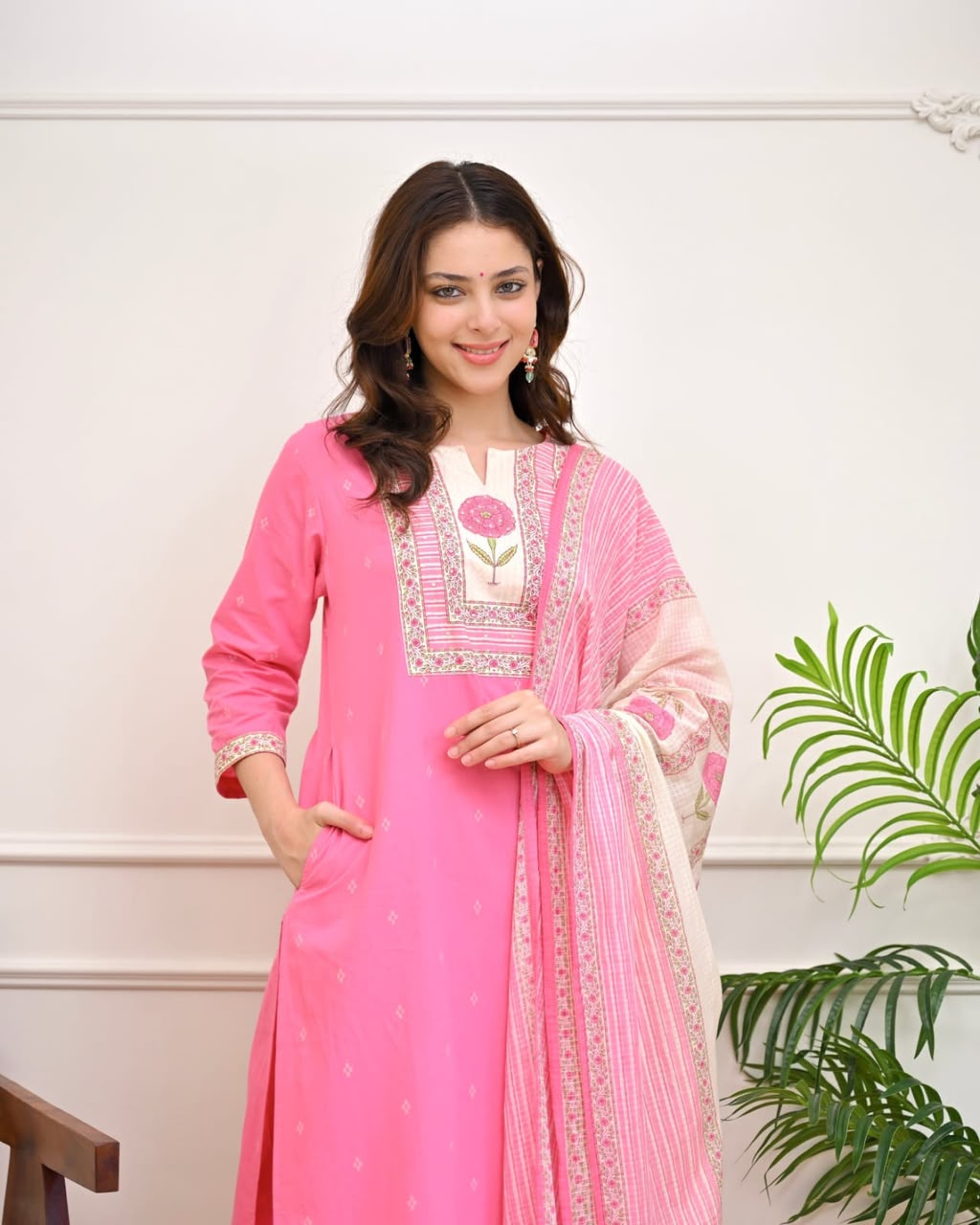 Gulnaar Pink Floral Yoke Kurta Set with Printed Dupatta