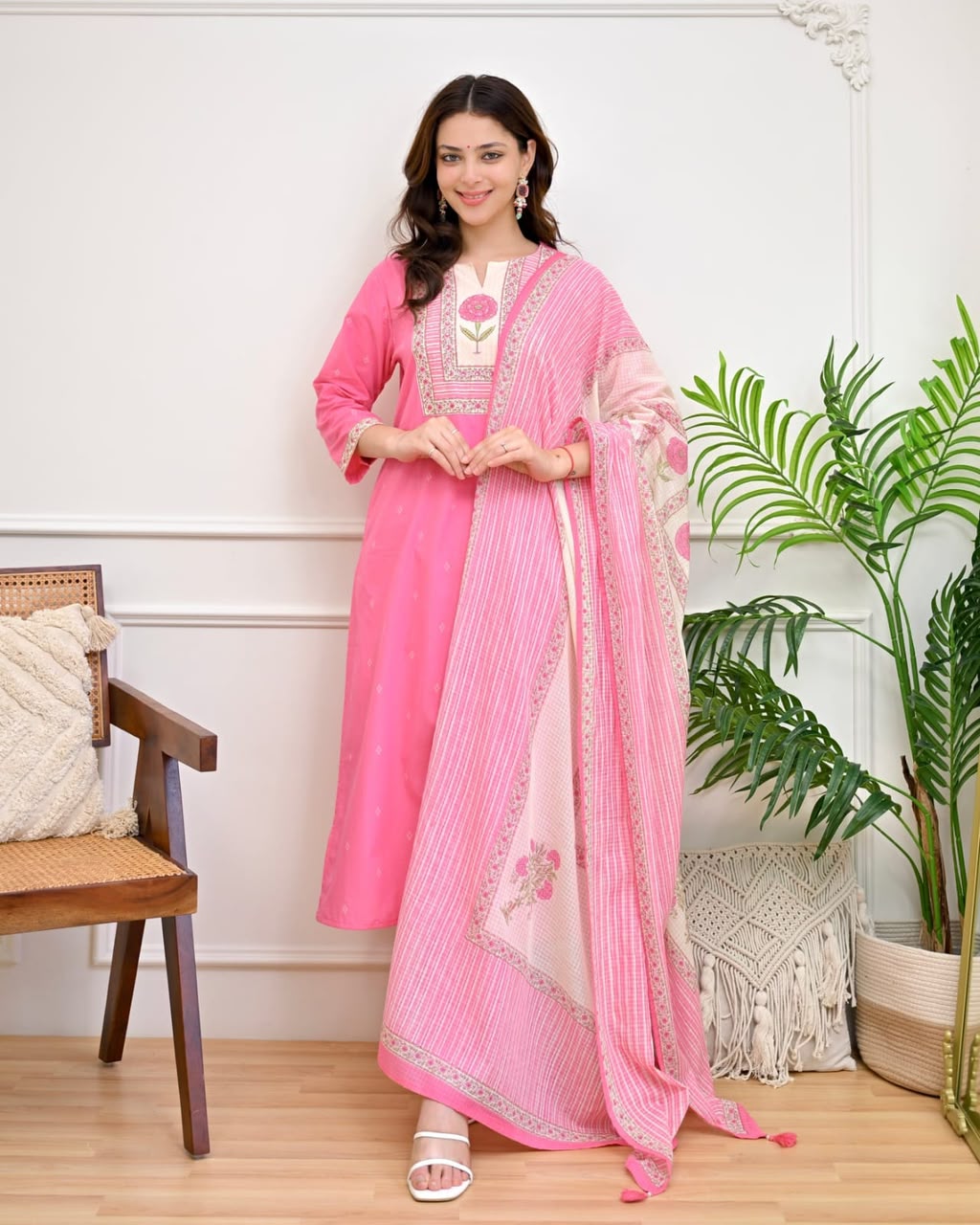 Gulnaar Pink Floral Yoke Kurta Set with Printed Dupatta