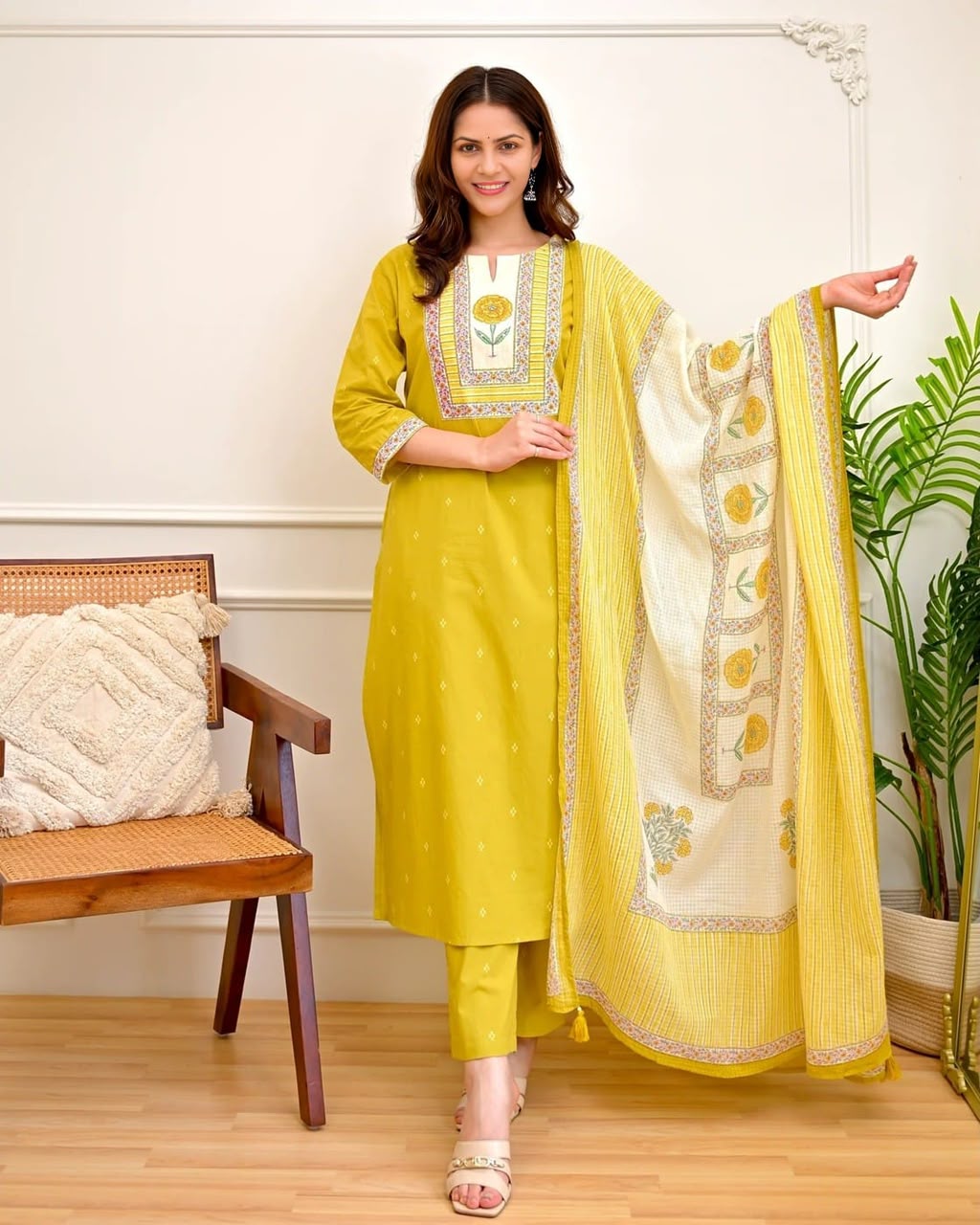Gulnaar Mustard Yellow Floral Yoke Kurta & Pant Set with Printed Dupatta