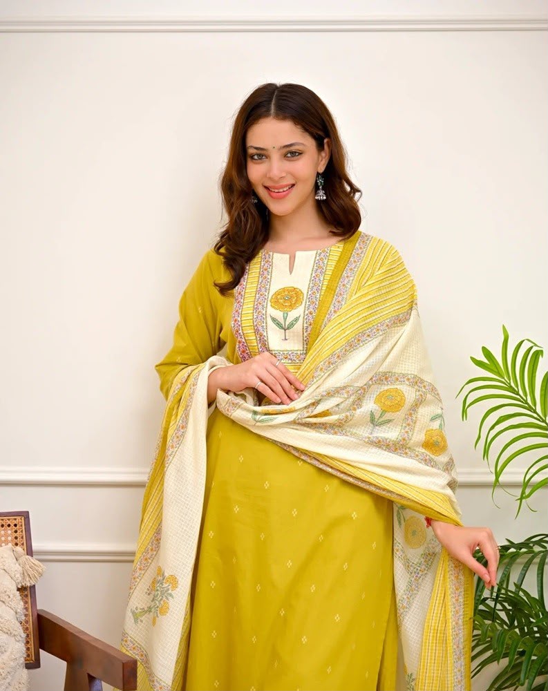 Gulnaar Mustard Yellow Floral Yoke Kurta & Pant Set with Printed Dupatta