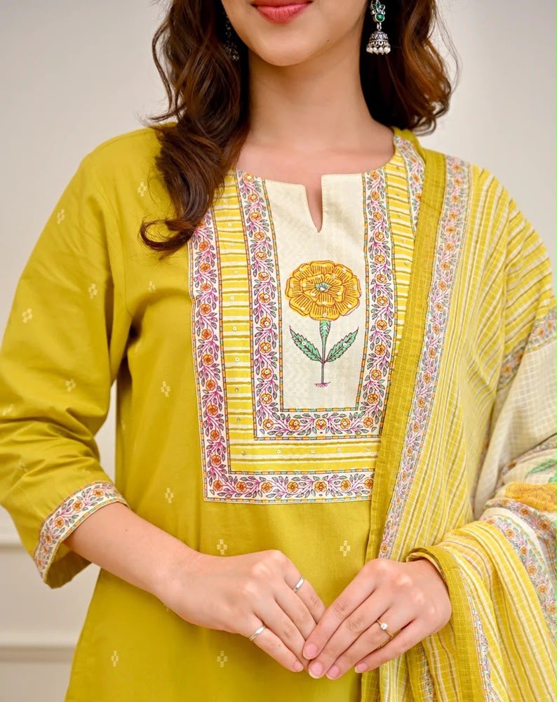 Gulnaar Mustard Yellow Floral Yoke Kurta & Pant Set with Printed Dupatta