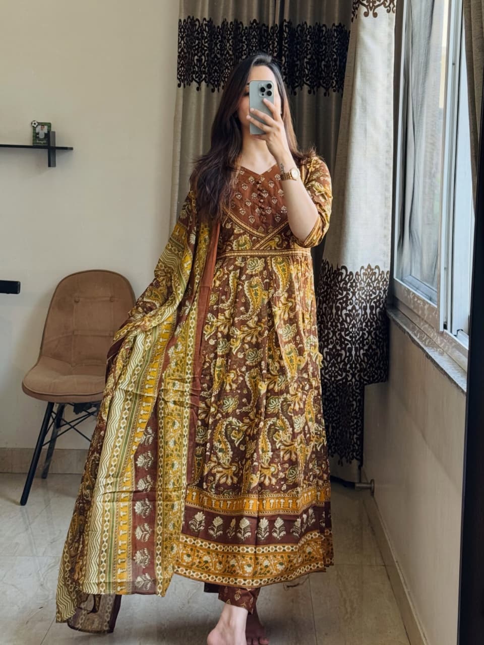 Kashish Rust Brown Paisley Print Anarkali Suit Set with Dupatta