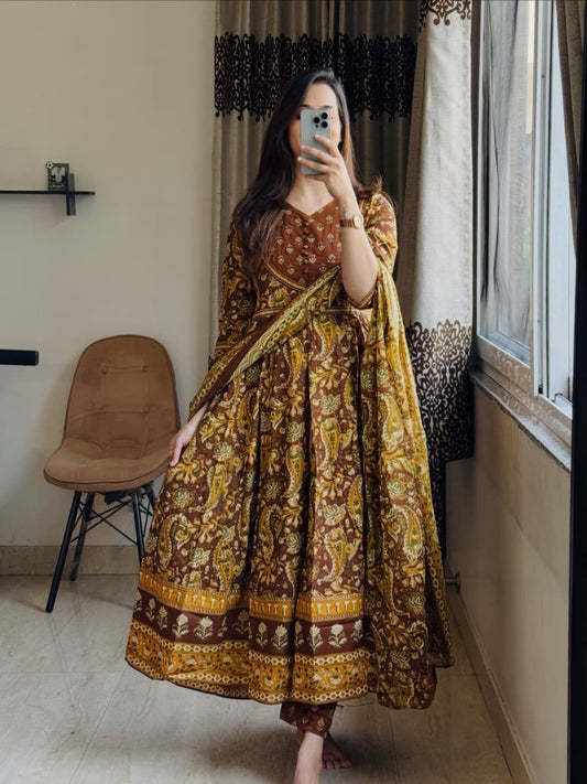 Kashish Rust Brown Paisley Print Anarkali Suit Set with Dupatta